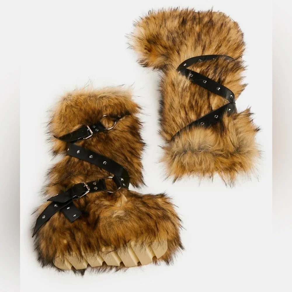 Brown knee high fur platform boots size 6